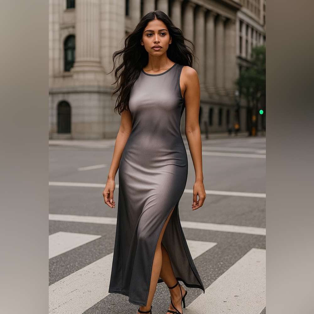 Isis Gray Ombre Sheer Maxi Dress with Side Slit | Size S
